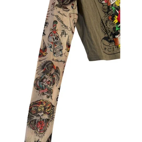 Ed Hardy Crop Top Size S NWT Y2K Tattoo Graphic Layered Long Sleeve Streetwear - Picture 4 of 6